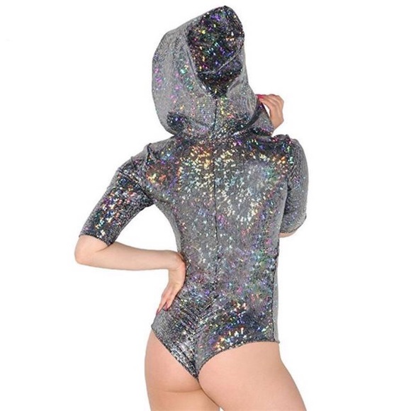 Silver Iridescent Hooded Deep V Holographic Laser Bodysuit Swimsuit - Picture 5 of 14